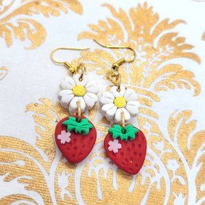 White and red strawberry flower polymer clay gold dangle earrings